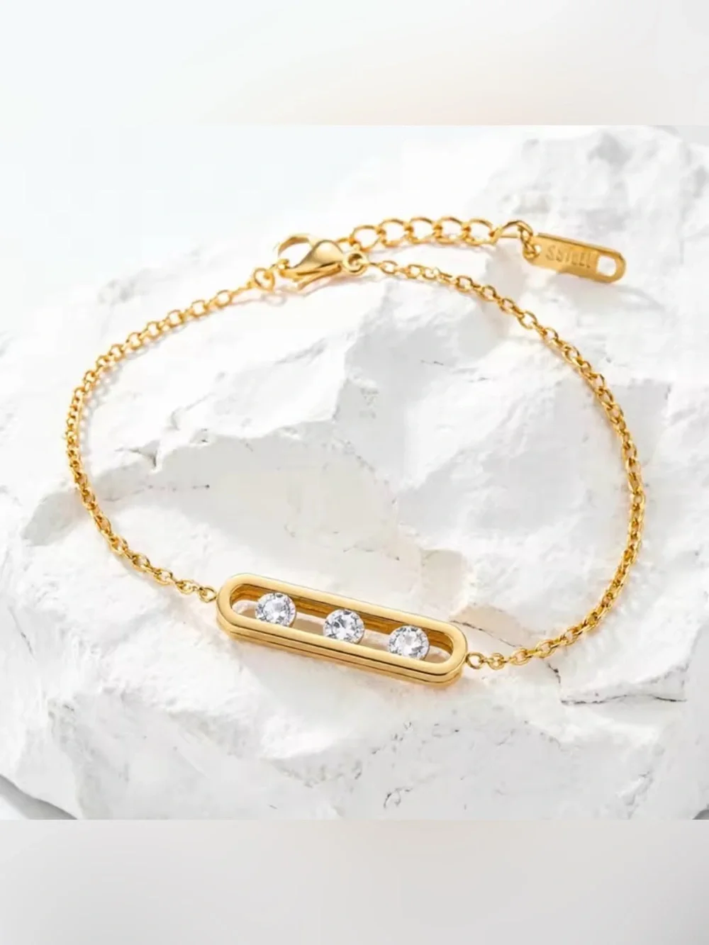 18K Gold Geometrical Link Paperclip Moving Diamond Bracelet No Fade Or Tarnish